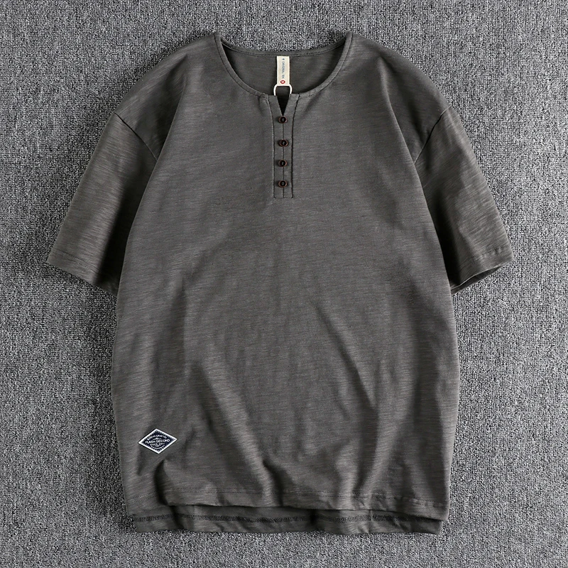 Vintage Bamboo Cotton Breathable Cool Short Sleeve Men's T-Shirt with Personality Button-Down Design