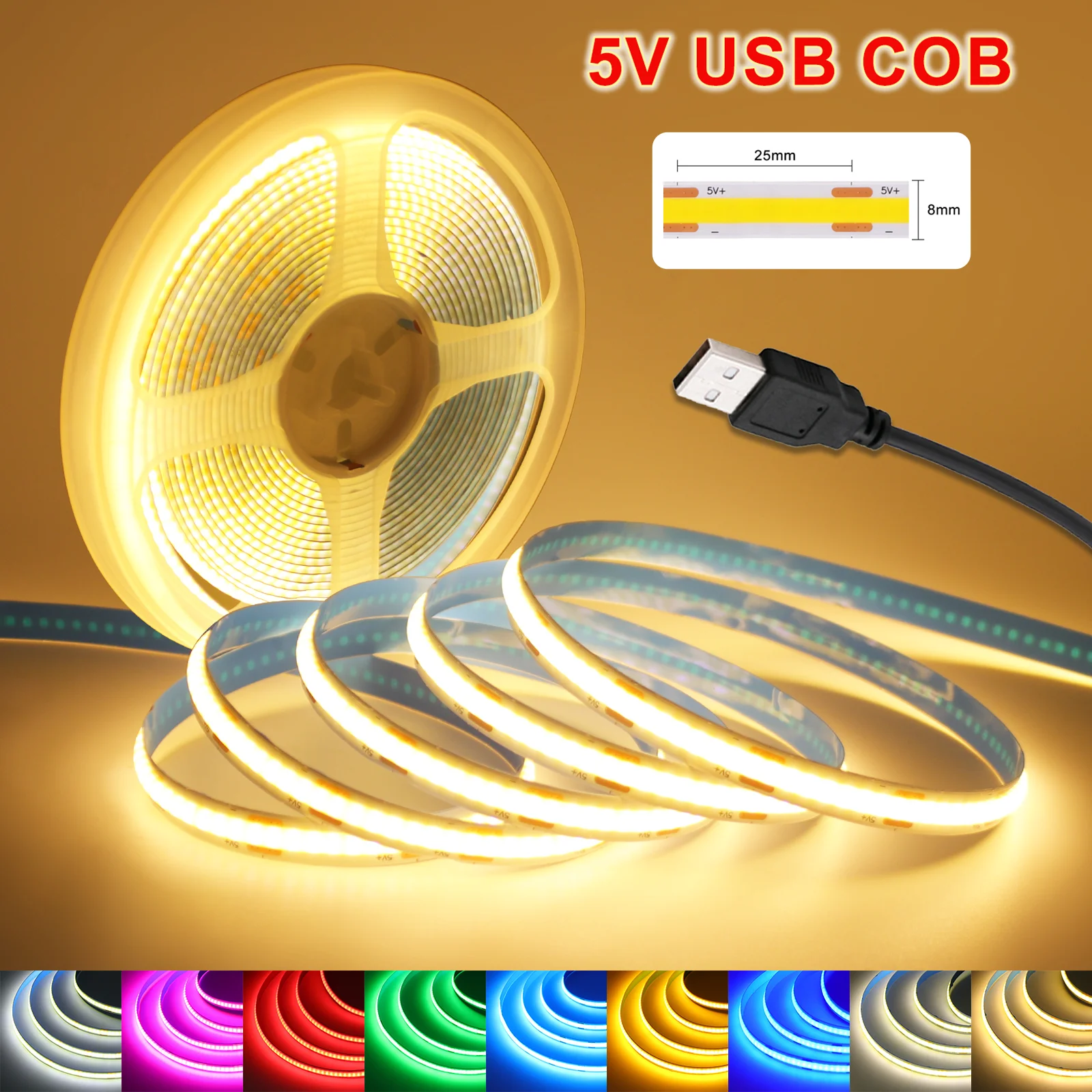 DC 5V COB LED 스트립 USB 320LEDs/m 유연한 LED 테이프 3000K 4000K 흰색/빨간색/녹색/아이스 블루 리본 다이오드 DIY TV 백라이트