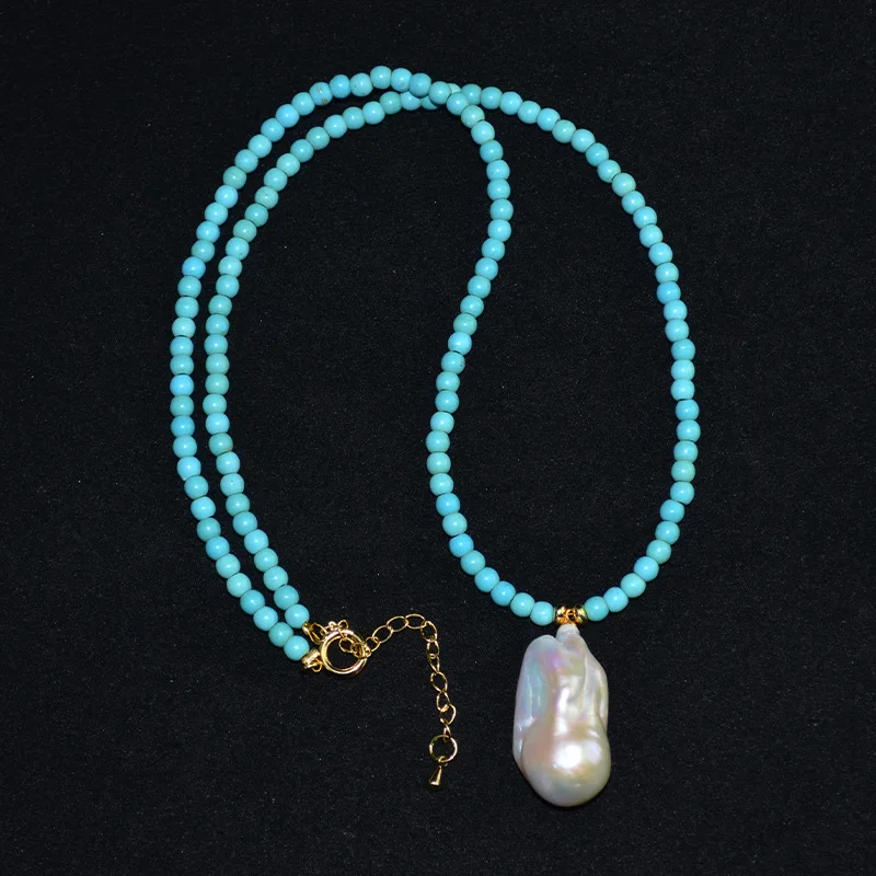 

2024 New Natural Turquoise Stone Beads Mixed with Baroque Pearl Pendant Neck Chain for Womens Classics Fashion Necklace Ladies