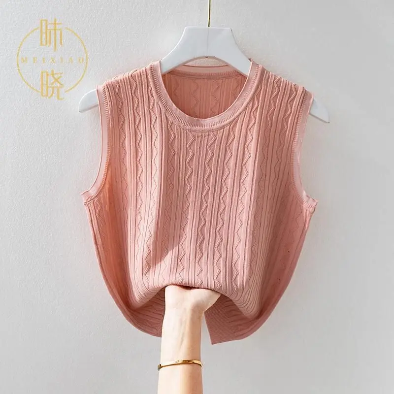 

Women 2024 Summer New Solid Color Tanks Camis Female Fashion Thin Casual Sleeveless Tops Ladies O-neck Knitted Vest Tops H63