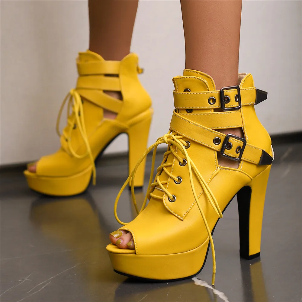 

Spring Autumn Women Open Toe Ankle Boots Platform Lace Up High Heels Sexy Female Belt Buckle Ladies Short Boot Large Size
