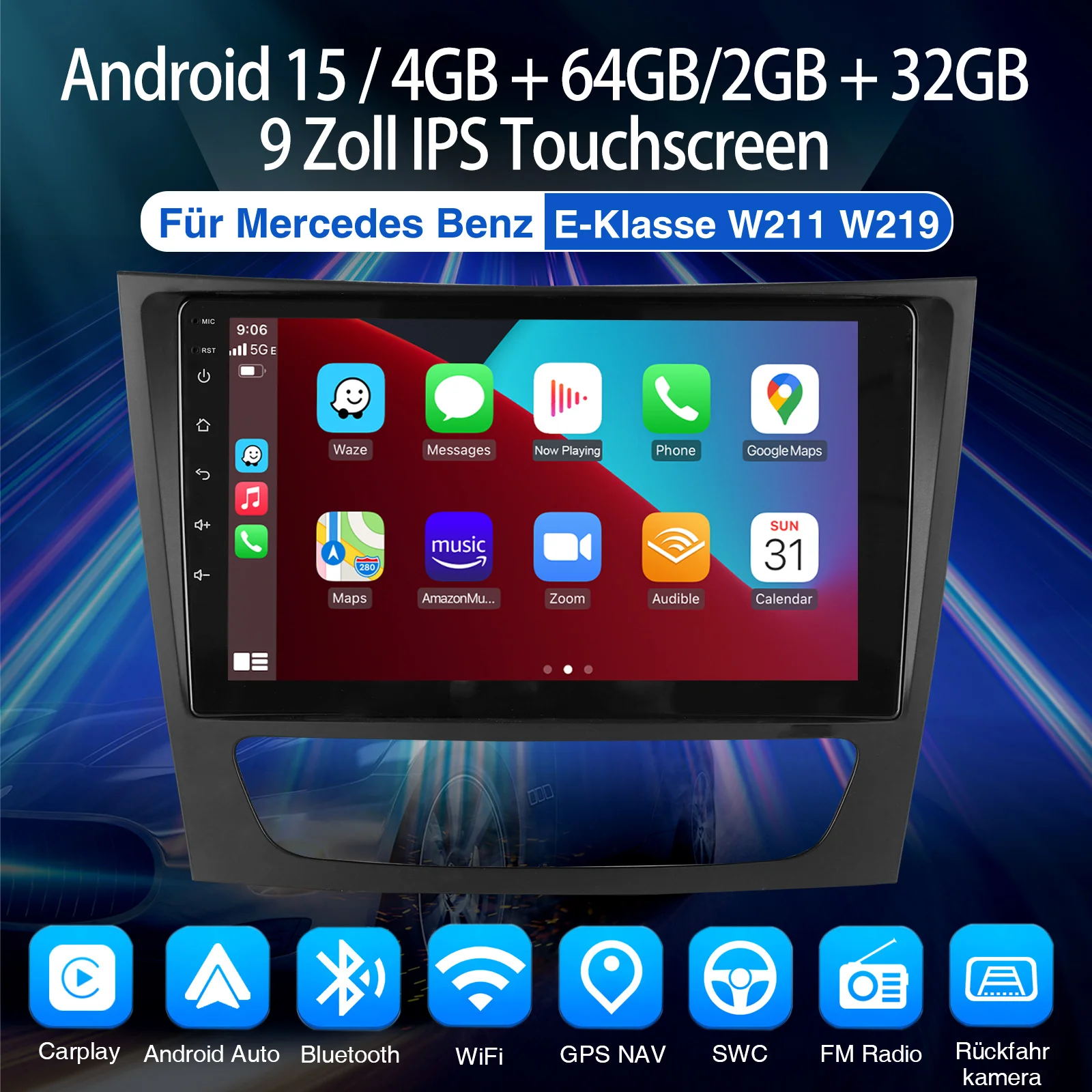 ESSGOO Autoradio Android15 9" 4+64 GB für Mercedes-Benz GLS E-Klasse W211 W219 Wireless CarPlay GPS Navigation FM RDS Touchscreen WiFi Bluetooth Mirror Link Android Auto Lenkradsteuerung – Detail 2