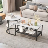 Ensemble de 2 tables basses Fangange, table de salon 2-en-1 avec espace de rangement, table de canapé moderne, ronde et rectangulaire en aspect marbre 4