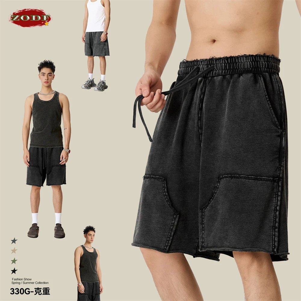 ZODF Retro Men Summer Batik Washed 330gsm Cotton Shorts Unisex High Street Loose Fit Distressed Shorts HY1020 2