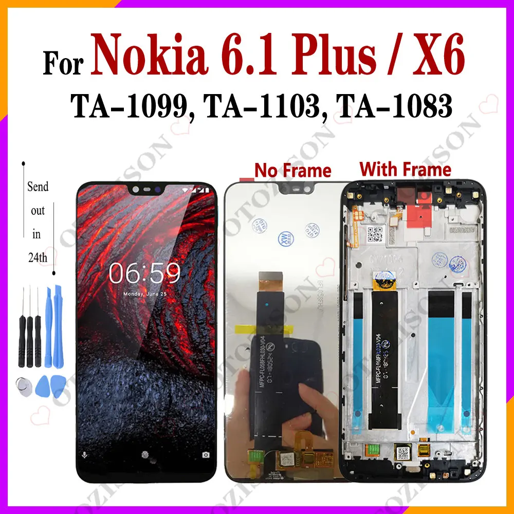 Lcd Con Cornice Per Nokia X6 6.1 Plus Display Ta-1099 Ta-1103 Ta-1083 Schermo Touch Digitizer Assembly Per Nokia 6.1 Plus Display
