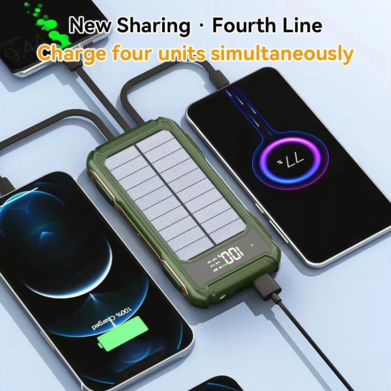4-in-1 Solar Power Bank Built-in-cables 100000mAh High Capacity Charger Fast Charging Intelligent Digital Display Battery 2025 5