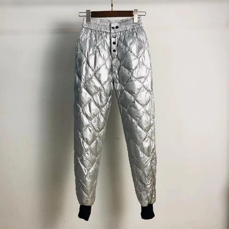 Women Glossy Diamond Down Pant 2023 Winter Fashion High Waist Harem Trousers Plus Size Warm Padded Quilted Pantalones Windproof
