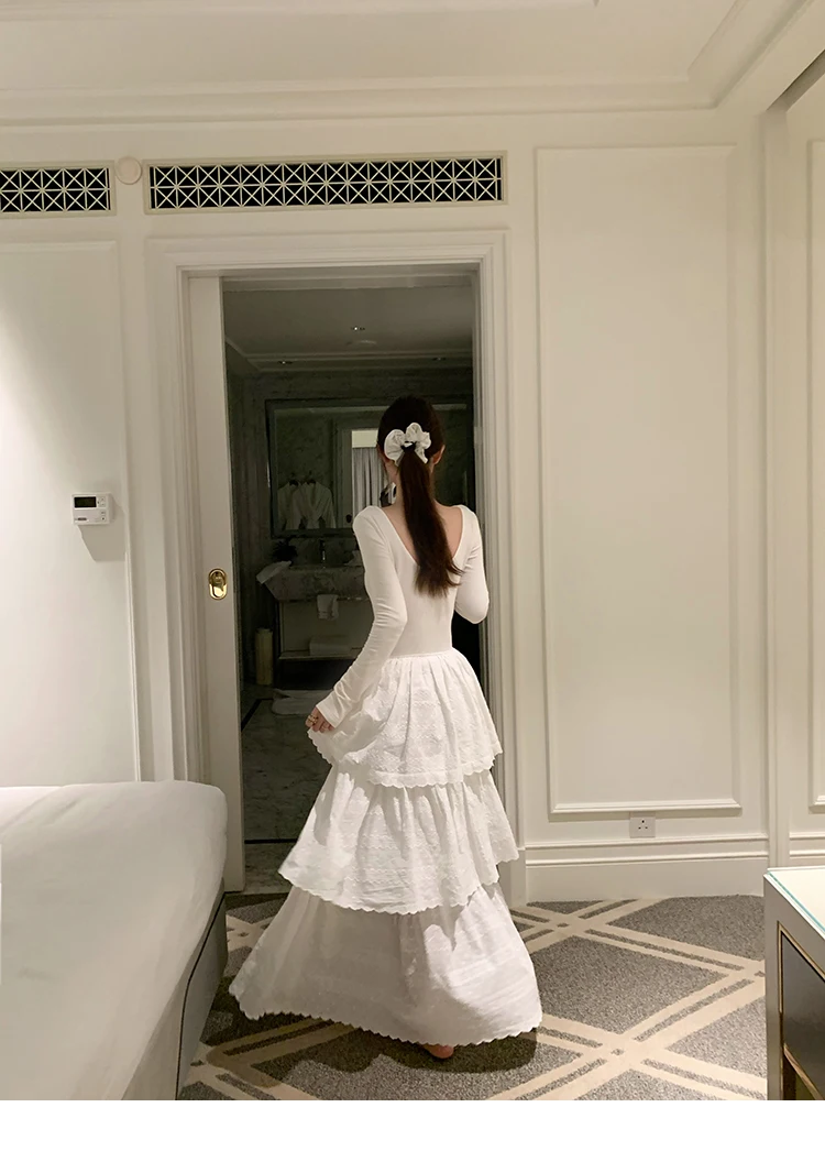 Autumn New Cake Midi Dresses for Women Solid Long Sleeve U-neck Backless A-line Korean Fashion Casual One Piece Vestidos Mujer