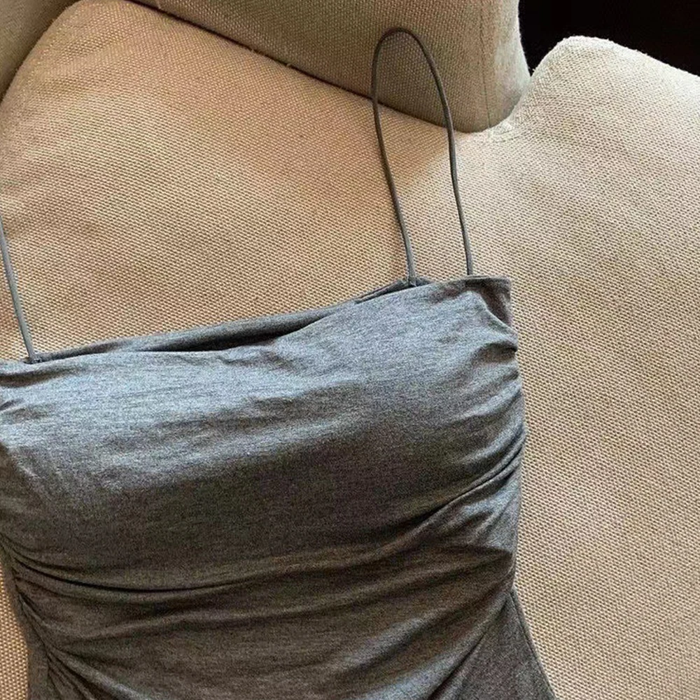 섹시한 소녀 주름 캐미솔 여성 조끼, 민소매 티 패션 크롭 탑, 브래지어 내장 패드, 캐주얼 슬림 핏 캐미솔