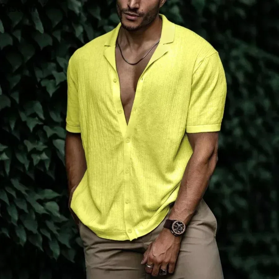 Men's Summer Casual Short Sleeve Shirts Turn-down Collar Buttoned Solid Shirts Men Clothes Loose Tops Male Fashion Shirt