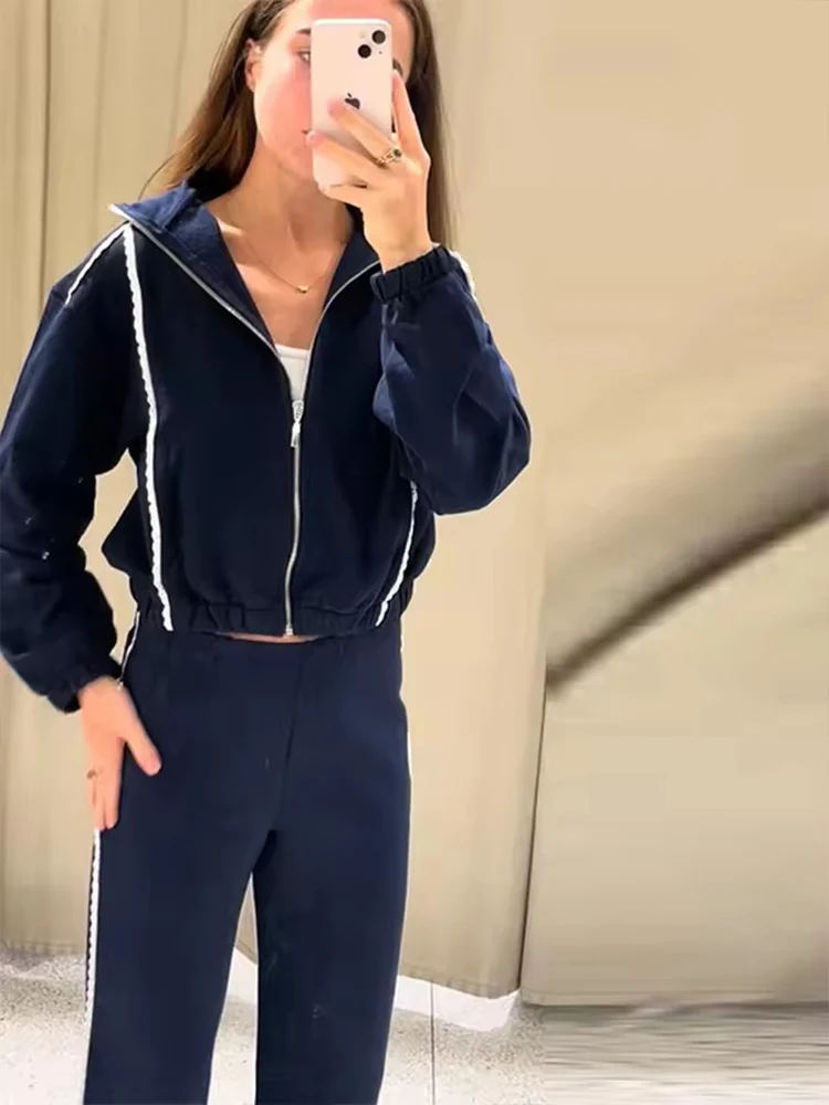 Solid Color Lace Jacket Long Pants 2 Pieces Sets Women Loose Zipper Jackets Loose High Waist Trousers Casual Woman Outfits