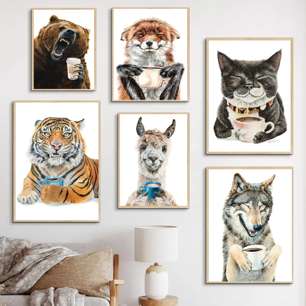 

Cute Animals Drinking Coffee Funny Poster Print Llama Latte Grizzly Tiger Fox Canvas Painting Wall Art Picture For Kitchen Decor