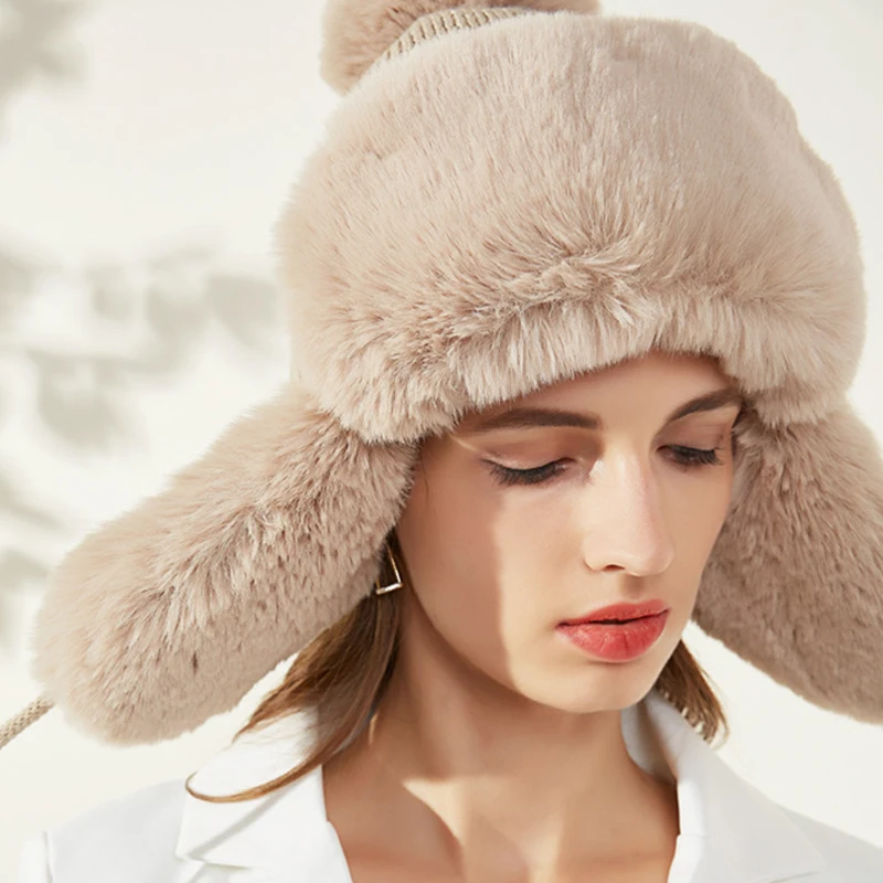 

Plush Ball Knitted Beanies Hat for Women Winter Thicken Warm Knitted Bomber Hats Ear Protection Woolen Bonnet Earflap Skiing Cap