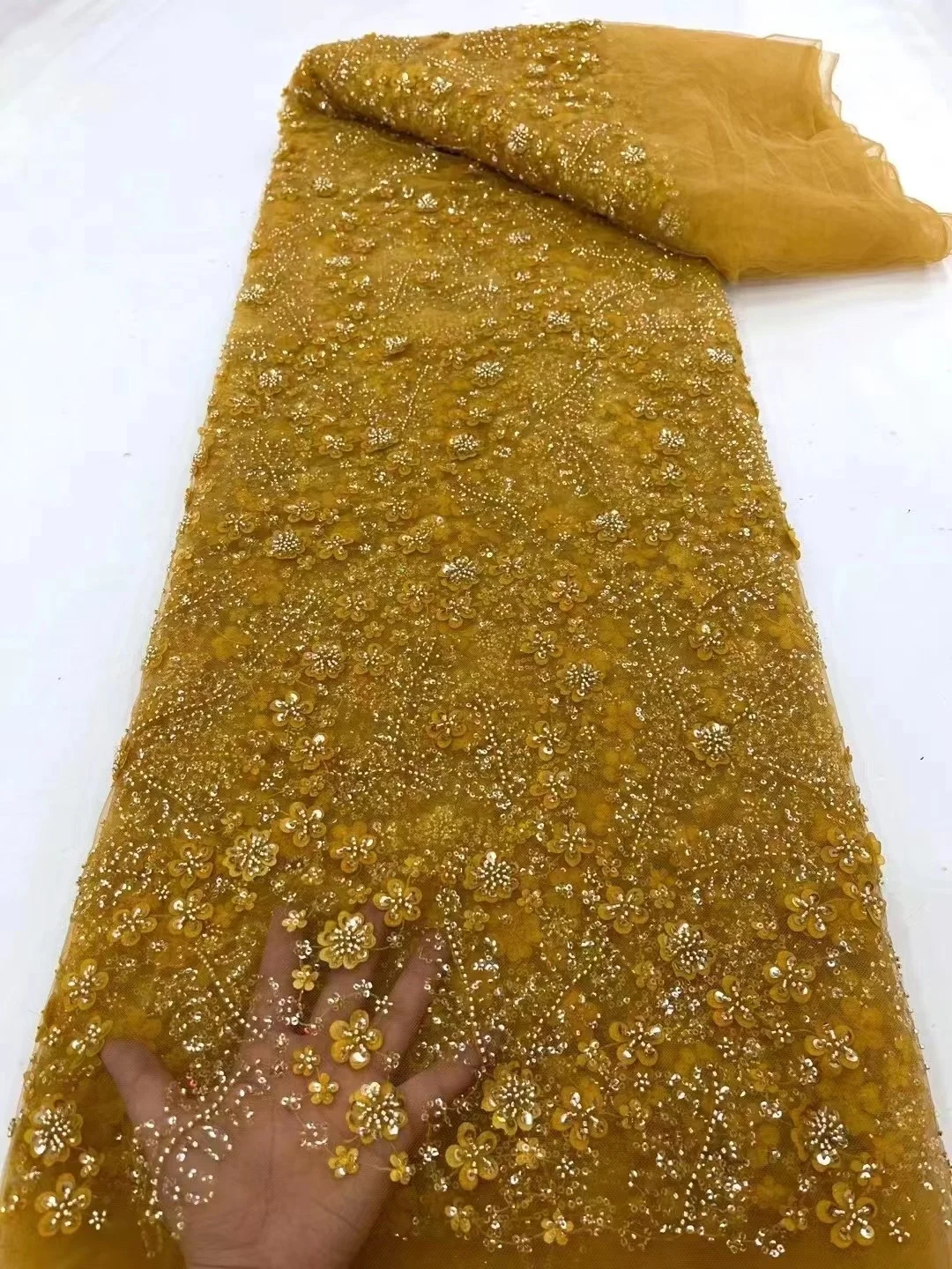 

Gold Africa Fashion High Quality Handmade Sequins Lace Luxury Beaded Tulle Lace Fabric French For Women Wedding Party Materia