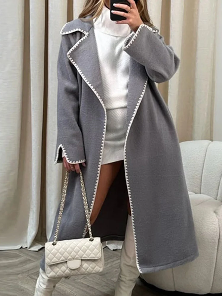 

Женское шерстяное пальто, Элегантное длинное пальто с отложным воротником и вышивкой в стиле пэчворк, теплая винтажная верхняя одежда в стиле Хай-стрит на осень и зиму