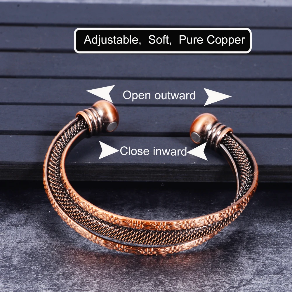 Vinterly Pure Copper Bracelets Female Magnetic Vintage Flower Adjustable Cuff High Magnets Bangle Soft Metal Women Gifts Jewelry 3