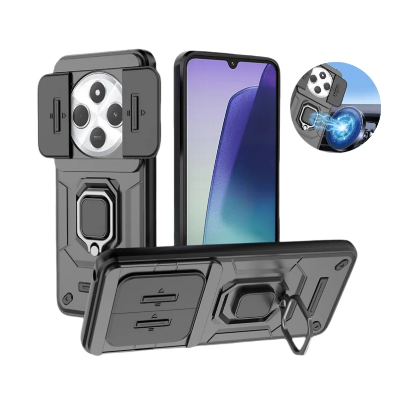 Armor Protective Case with Car Magnetic Ring Stand and Slide Lens Cover
