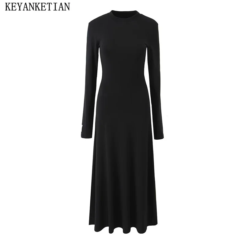 

KEYANKETIAN Autumn/Winter New Women's Cuff Stickers Adorn Knitted Dresses Gothic Simply Mock Neck Long Sleeve Black Ankle Dress