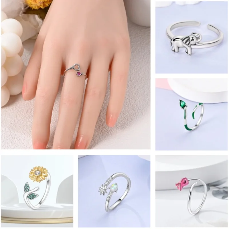 Adjustable Ring For Women Original 925 Sterling Silver Zircon Free Size Finger Flower Cat Paw Open Rings Wedding Jewelry Gift 5