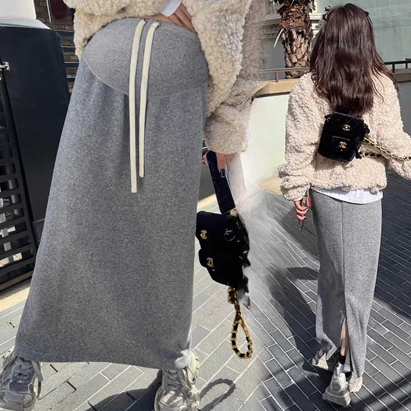 Korean Style Winter Long Loose Maternity Thick Warm Straight Skirts Drawstring Waist Pregnant Woman Long Woolen Skirt Back Split