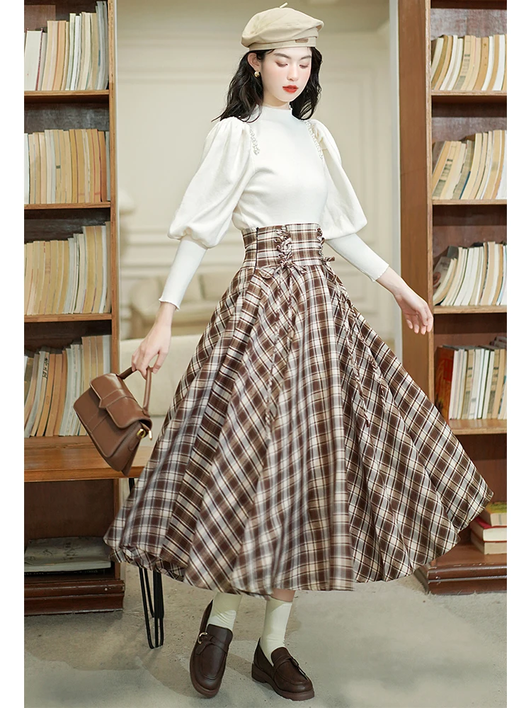 Gonna lunga scozzese moda donna estate autunno a vita alta con