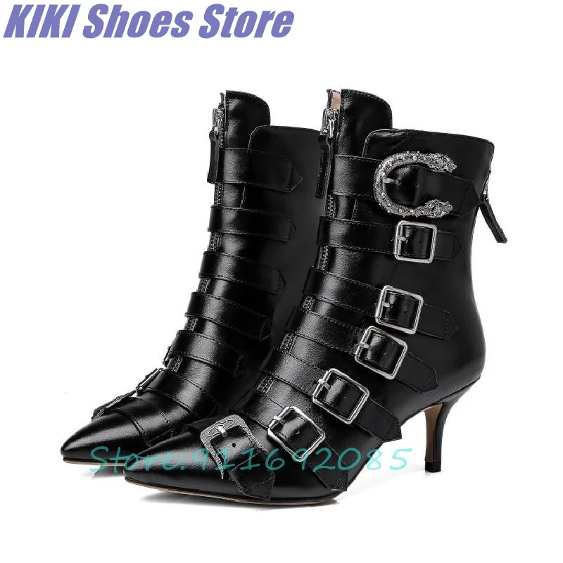 

Autumn and winter catwalk stiletto leather color matching large size retro locomotive pointed flower snake women's boots