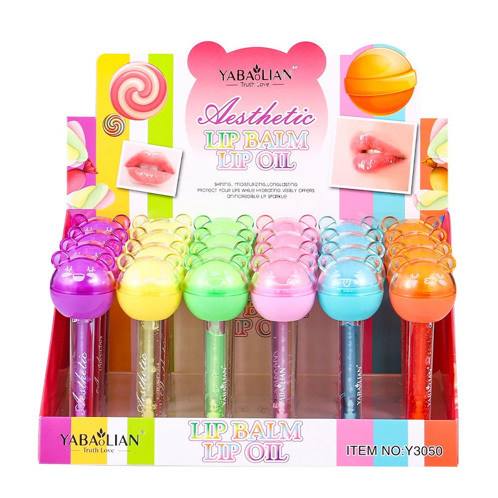 24Pcs2IN1LipBalmLipOilSetLollipopFruitFlavoredTransparent