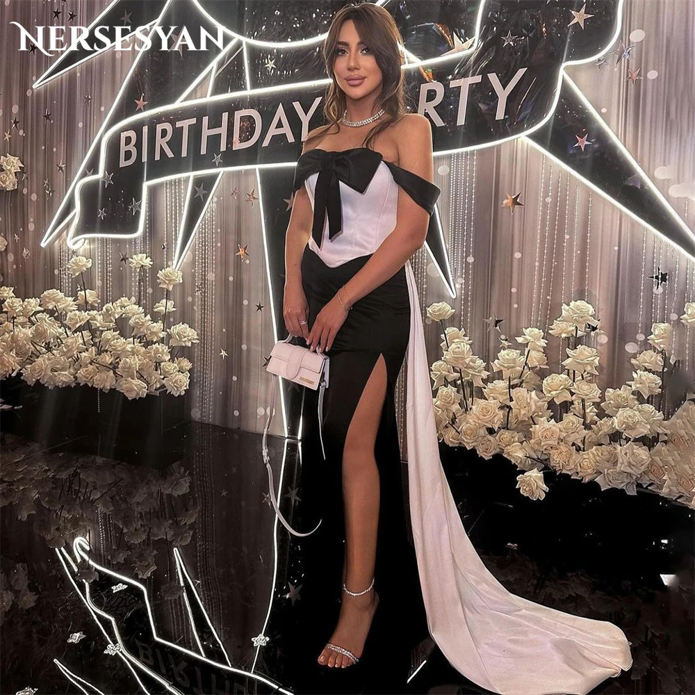 

Nersesyan Mix Colors Mermaid Evening Dresses Sexy High Side Slit Bow Off Shoulder Prom Dress Backless Sleeveless Party Gowns