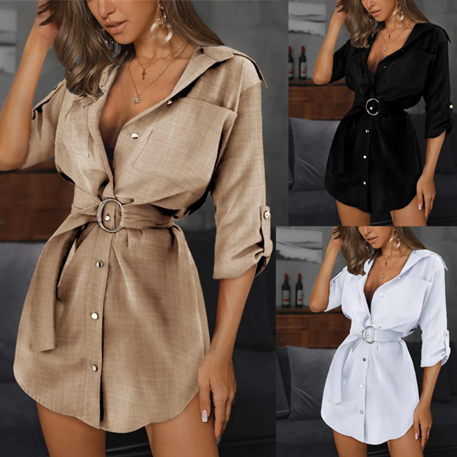 

Women Bohemian Shirt Dress Solid Color A Line Deep V Neck Tee Dress Gift for Valentine's Day Christmas d88