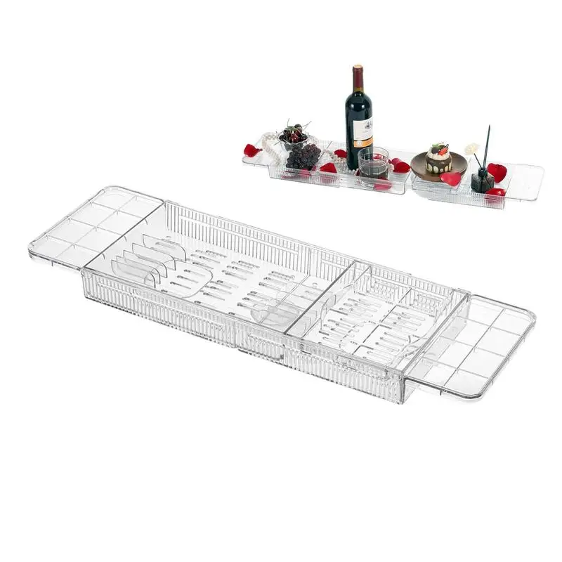 Bathtub Table Clear Anti-Tipping Bath Tray Organizer Multi-Functional Glass Tray Spacious Bathtub Organizer For Tablets Candles