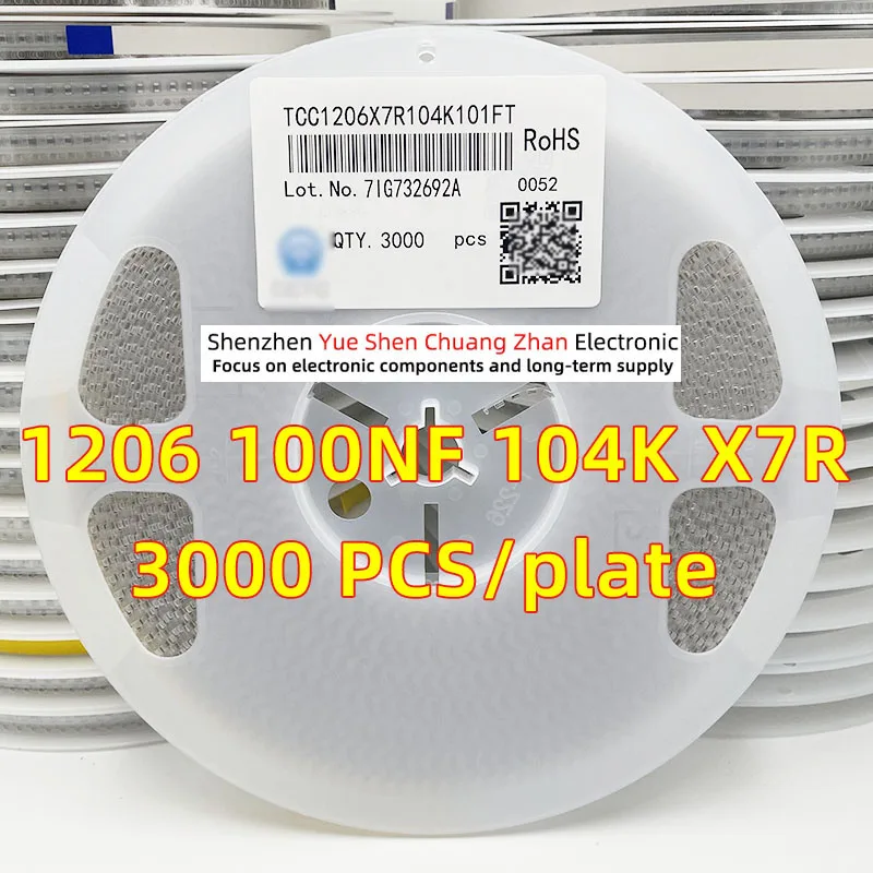 Patch Capacitor 1206 100NF 0.1UF 104K 100V Error 10% Material X7R Genuine capacitor（Whole Disk 3000 PCS） 100pcs 1206 100nf 104 x7r error 10% 50v 0 1uf 104 1206 smd capacitor new