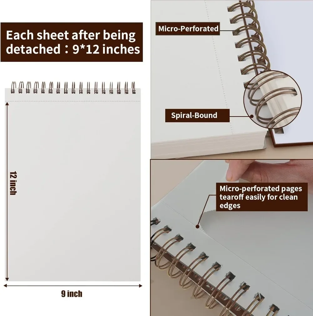 9 x 12 inches, 60 sheets (98 lb/160 g/m²) heavy-duty drawing paper, spiral-bound hardcover sketchbook on top 5