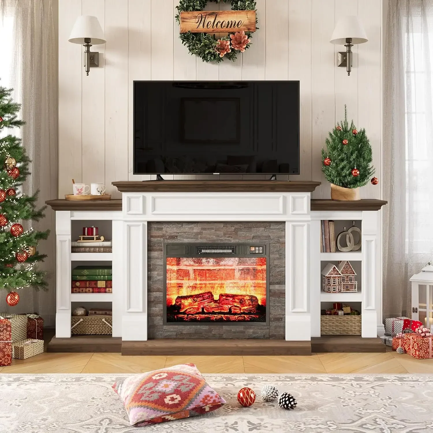 70" Electric Fireplace with Mantel, Fireplace TV Stand , Farmhouse Entertainment Center , Realistic Stacked Stone Surround 2