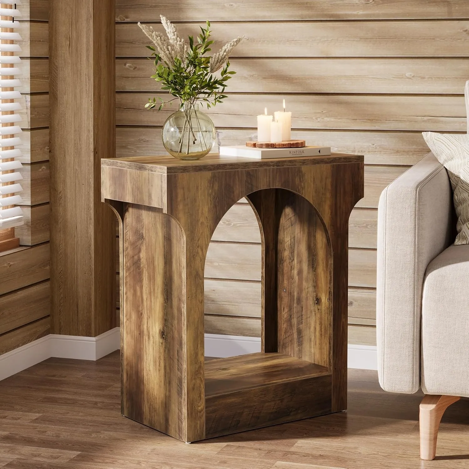 LITTLE TREE End Table, Wooden Side Table with Storage Space for Living Room, Narrow Nightstand for Bedroom, Rustic Brown