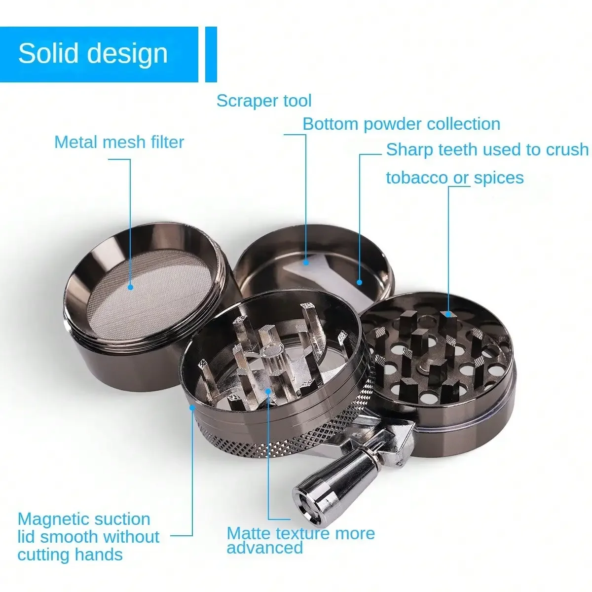 Herb Grinder 1.6inch Handle 4-layer Manual Spice Mill Metal Pepper Salt Mortar Raw Grass Tobacco Cigarette Accessories