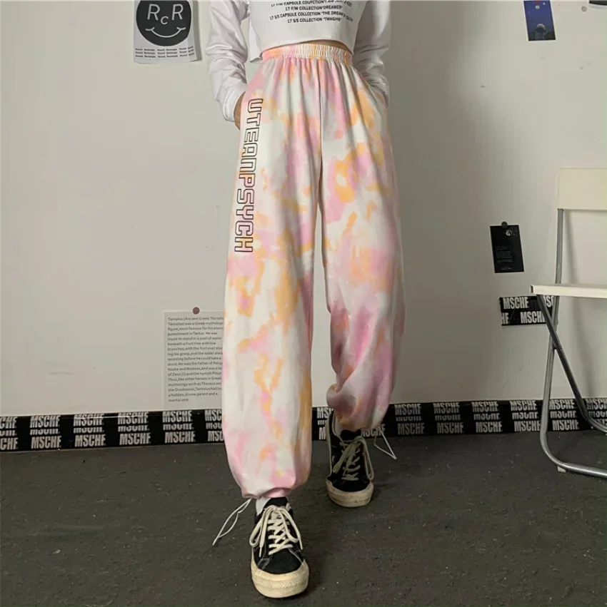 Women's Trousers All-match Elastic High Waist Sports Tie-dyed Loose Straight Leg Trousers Fashion Casual Harajuku Jogging Pants