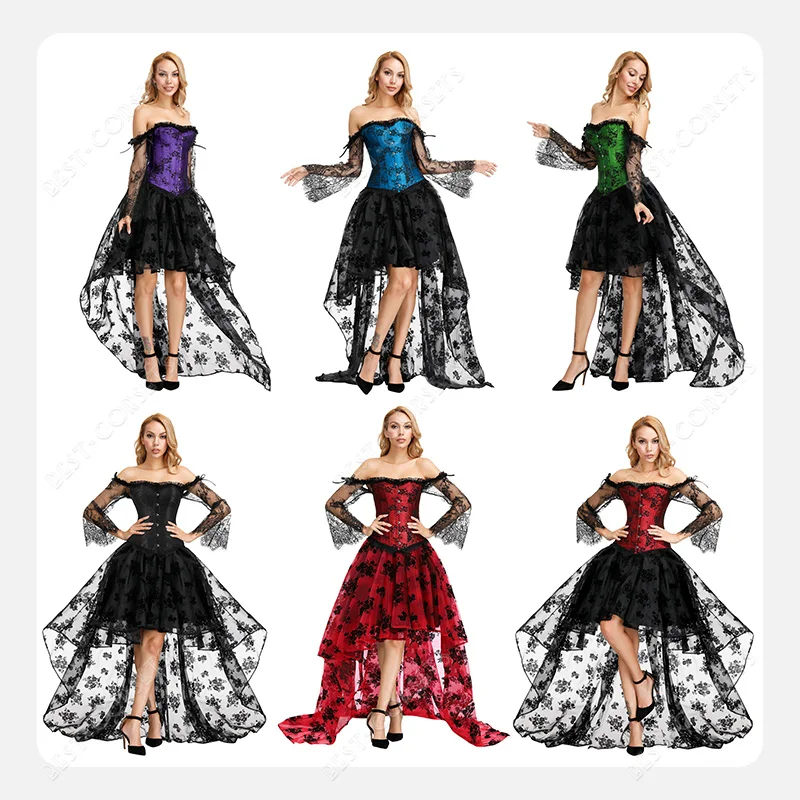 Gothic Corset Dresses for Women Sexy Vampire Bridal Corset Cosplay Black Lace Sleeve Dress with Corset Top