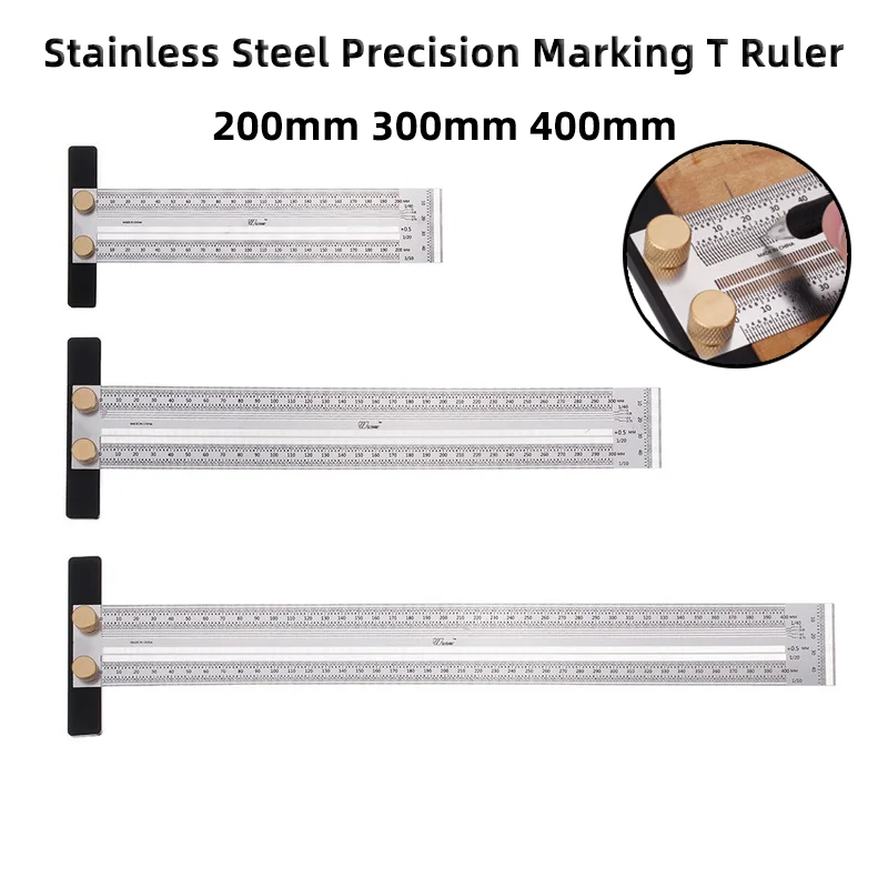 Stainless Steel Precision Positioning Measuring Ruler Marking T Ruler Hole Scriber Woodworking Scribing Tool 200mm, 300mm, 400mm aluminum alloy positioning block limit ruler woodworking line scribe diy adjustable precision measuring scale tool 200 500mm