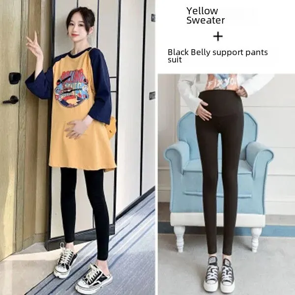 용수철 가을 스타일 임산부 원피스 세트, 트렌디한 엄마 옷, 루즈한 면 티셔츠, 긴팔 용수철 옷