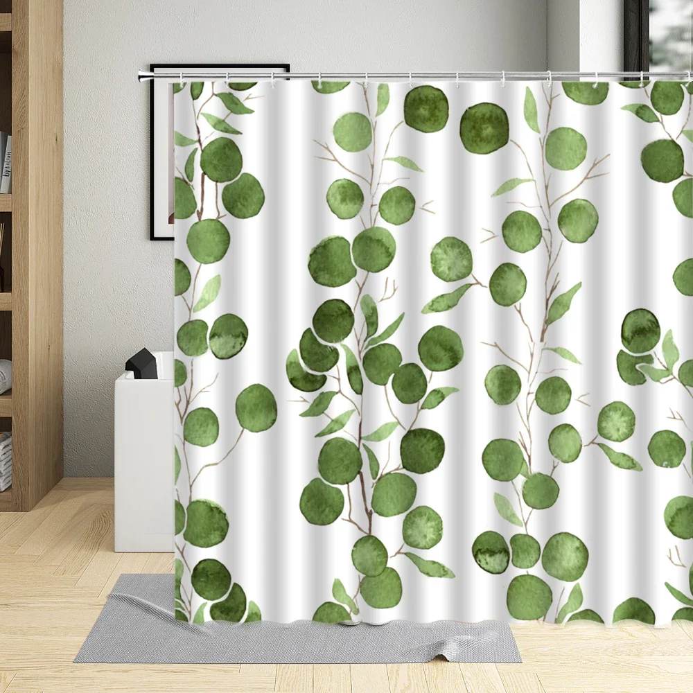 

Занавеска для душа с зелеными листьями, ручная роспись, Весенняя дышащая, для ванной комнаты, декоративная ткань с крючком, моющаяся водонепроницаемая ткань