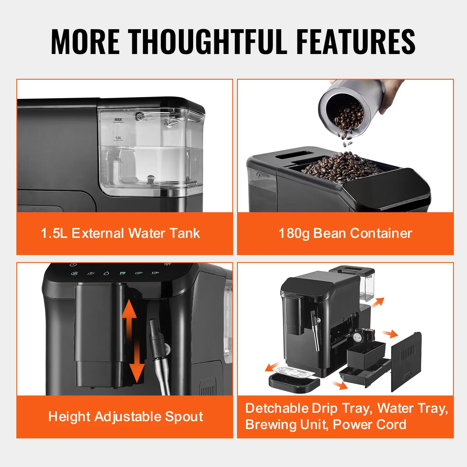 VEVOR Automatic Espresso Machine,20 Bar Auto Coffee Machine w/Frother Steam Wand,Built-In Grinder and 15-Level Grinding Settings 6