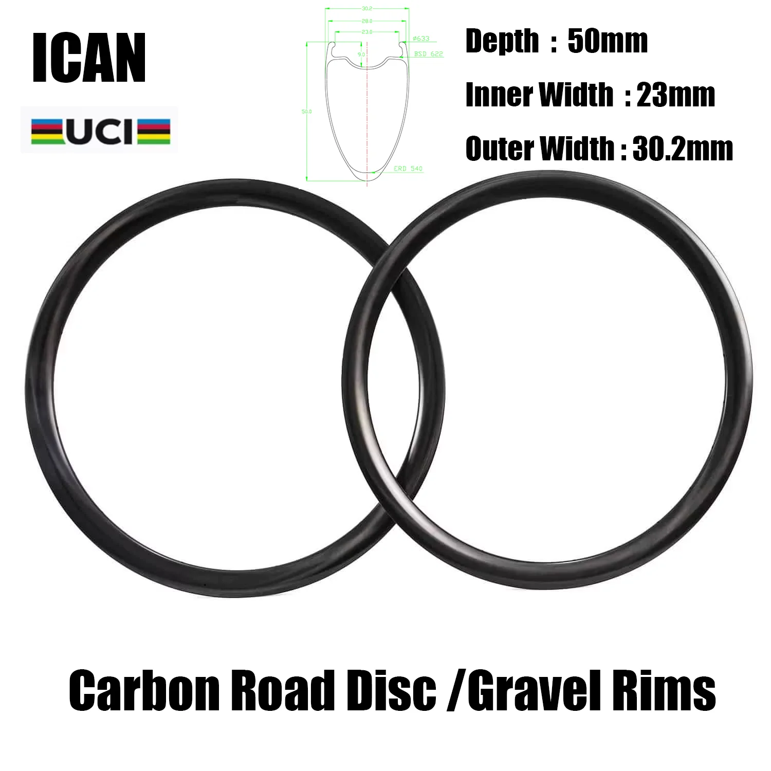 ICAN Super Light Carbon Fiber Road Disc Gravel Rims Depth
