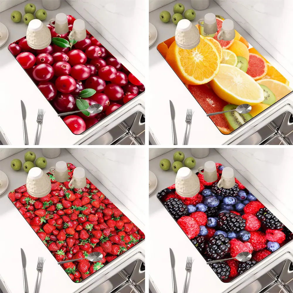 Fruit And Vegetable Printed Tableware Placemat Kitchen Drain Pad Dish  Drying Mat Tableware Draining Pad Kitchen Decoraction Rugs