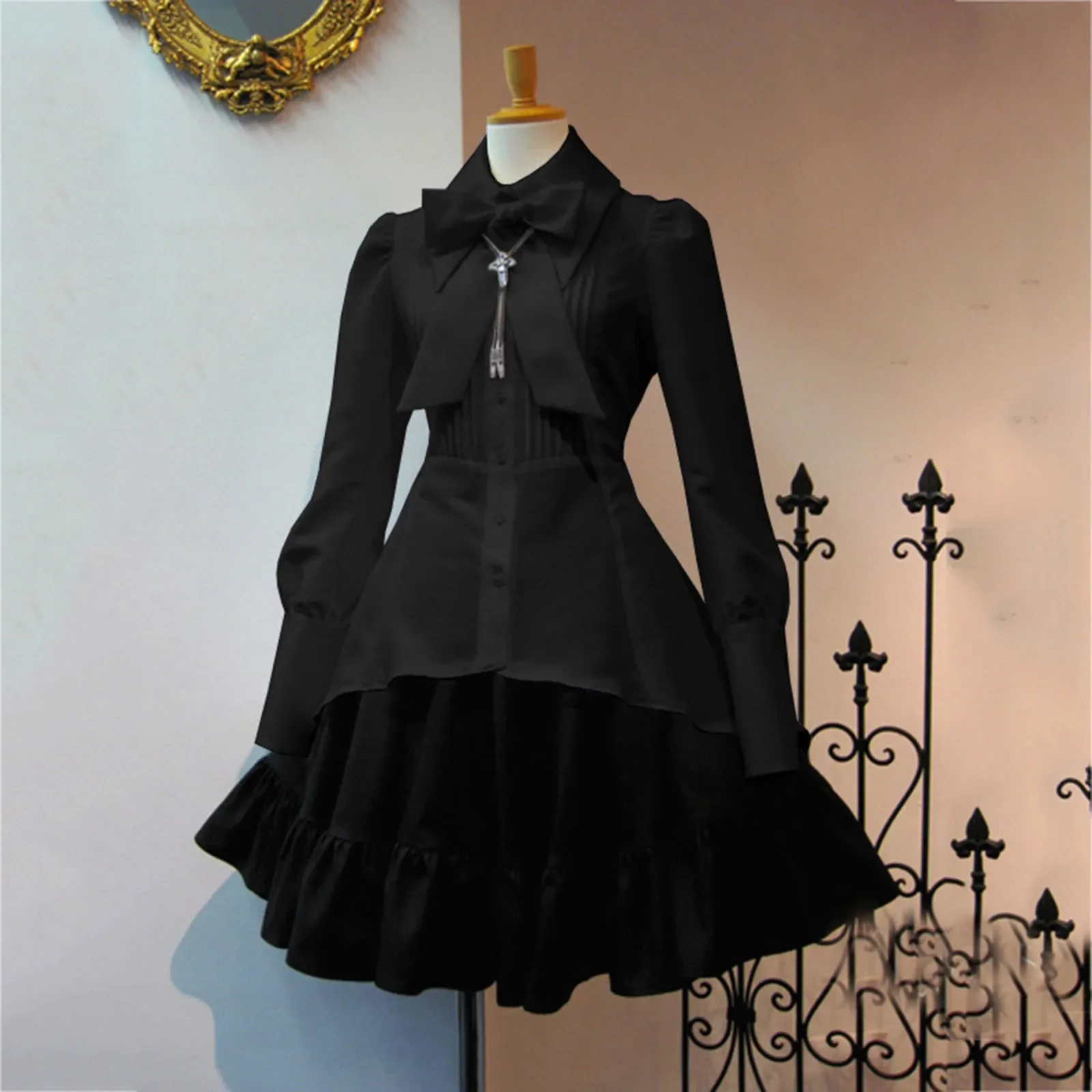 

Vintage Victorian Gothic Lolita Dress for Women Halloween Costumes Bow Lapel Shirt Party A Line Dress Long Sleeve Party Dress