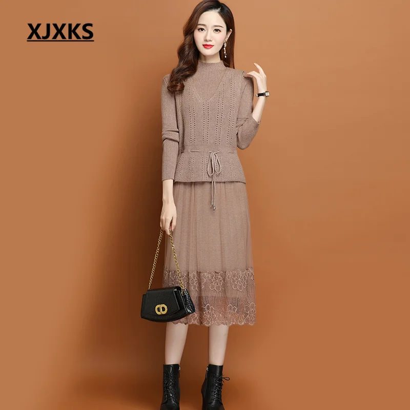 

XJXKS 2023 Spring And Autumn New Women's Dress + Sleeveless Vest High Elastic Knitted Patchwork Chiffon Ladies Two-piece Set
