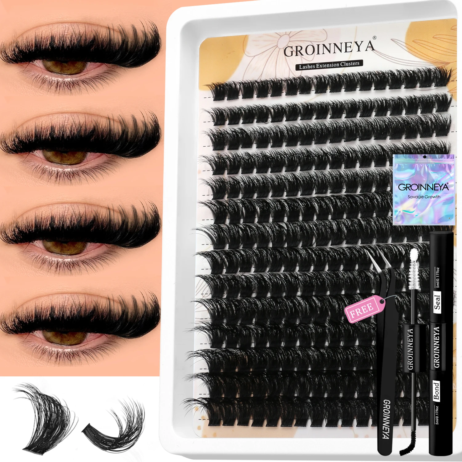 Lash Clusters Kit GROINNEYA With Waterproof Strong Hold DIY Lash Extension Bond And Seal And Eyelash Tweezers Makeup