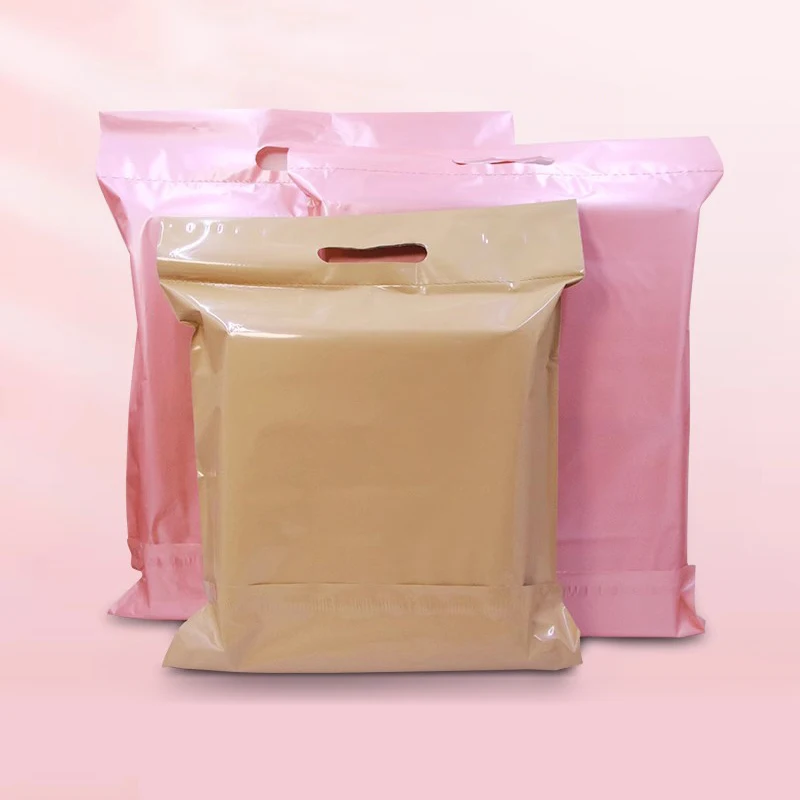 100pcs-courier-envelope-with-handle-rose-gold-milk-tea-plastic-shipping-bag-portable-express-bags-business-packaging-supplies