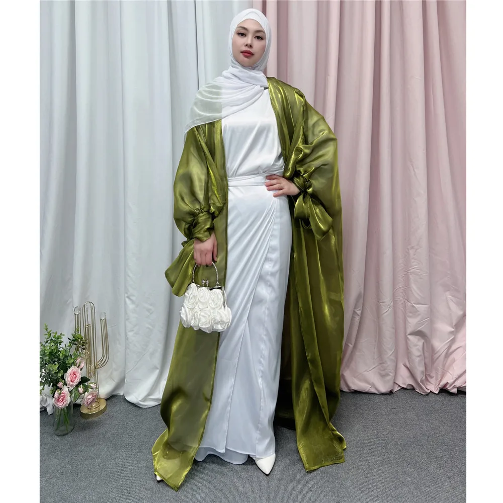 

Shiny Muslim Open Abaya Summer Puff Sleeve Long Maxi Dress Women Kimono Dubai Kaftan Islamic Gown Femme Eid Ramadan Robes Caftan