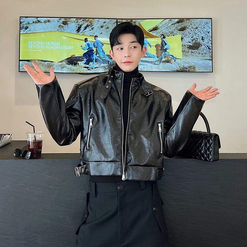 Fashion Men Leather Jacket Streetwear Zipper Stand Collar Rubbed Pattern Leather Coats Streetwear Loose Casual Crop Jackets
