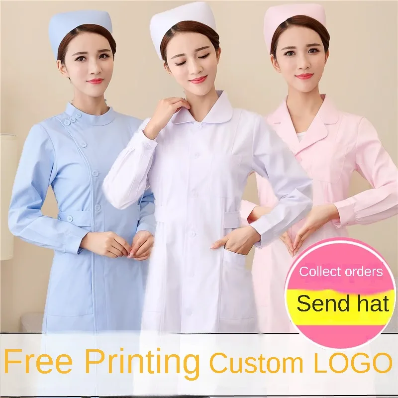 

Nurses' Uniform Long Sleeve Women's Winter White Gown Short Collar Beauty Work Clothes